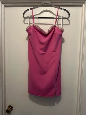 B Darlin Pink Pearl-Trim Spaghetti Strap Mini Dress